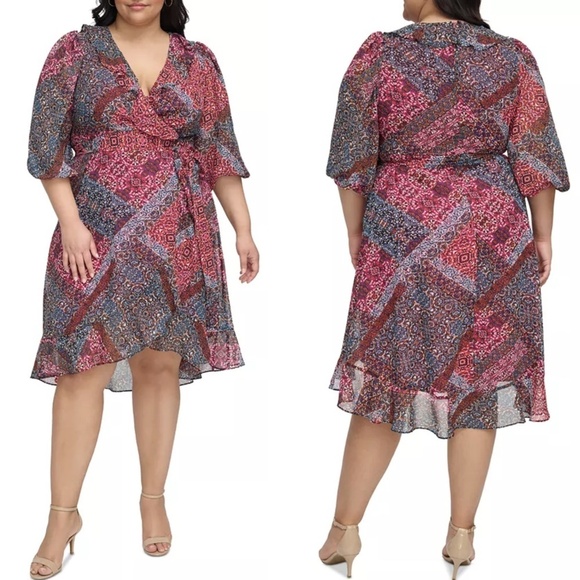 NWT Jessica Howard Chiffon Faux Wrap Ruffle Hem Midi Dress Sz. 18W - Picture 1 of 3